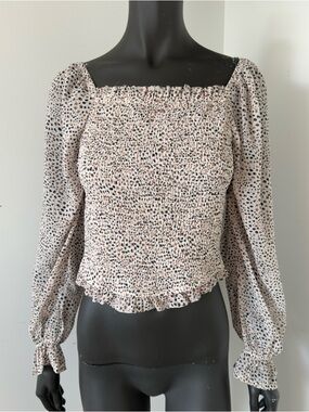 292. Japna NWT Smocked Square-Neck Long Sleeve Top in Ivory Leopard